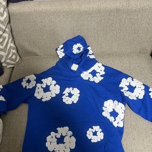 Blue Hoodie with White Floral Patterns